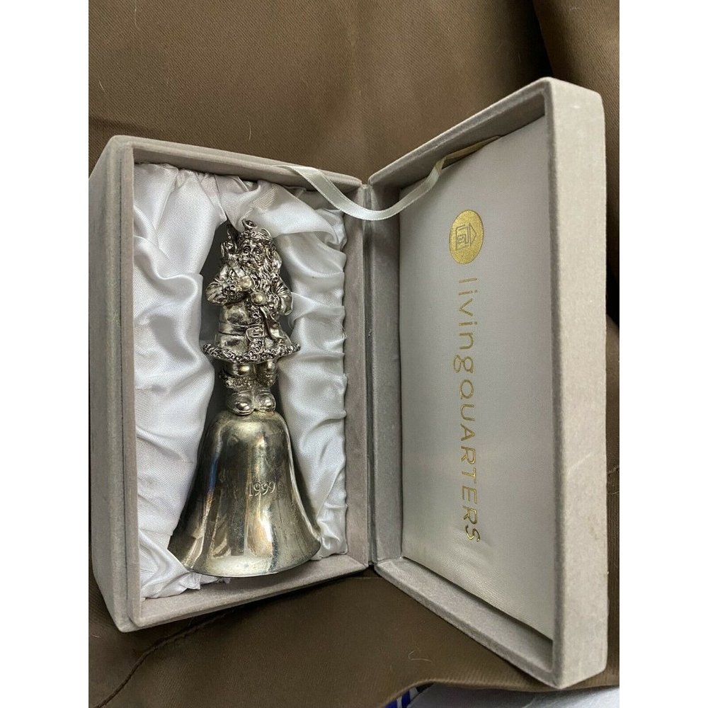 Vintage Living Quarters Silver Plated Santa Bell 1999 Velvet Case Christmas 5.5"